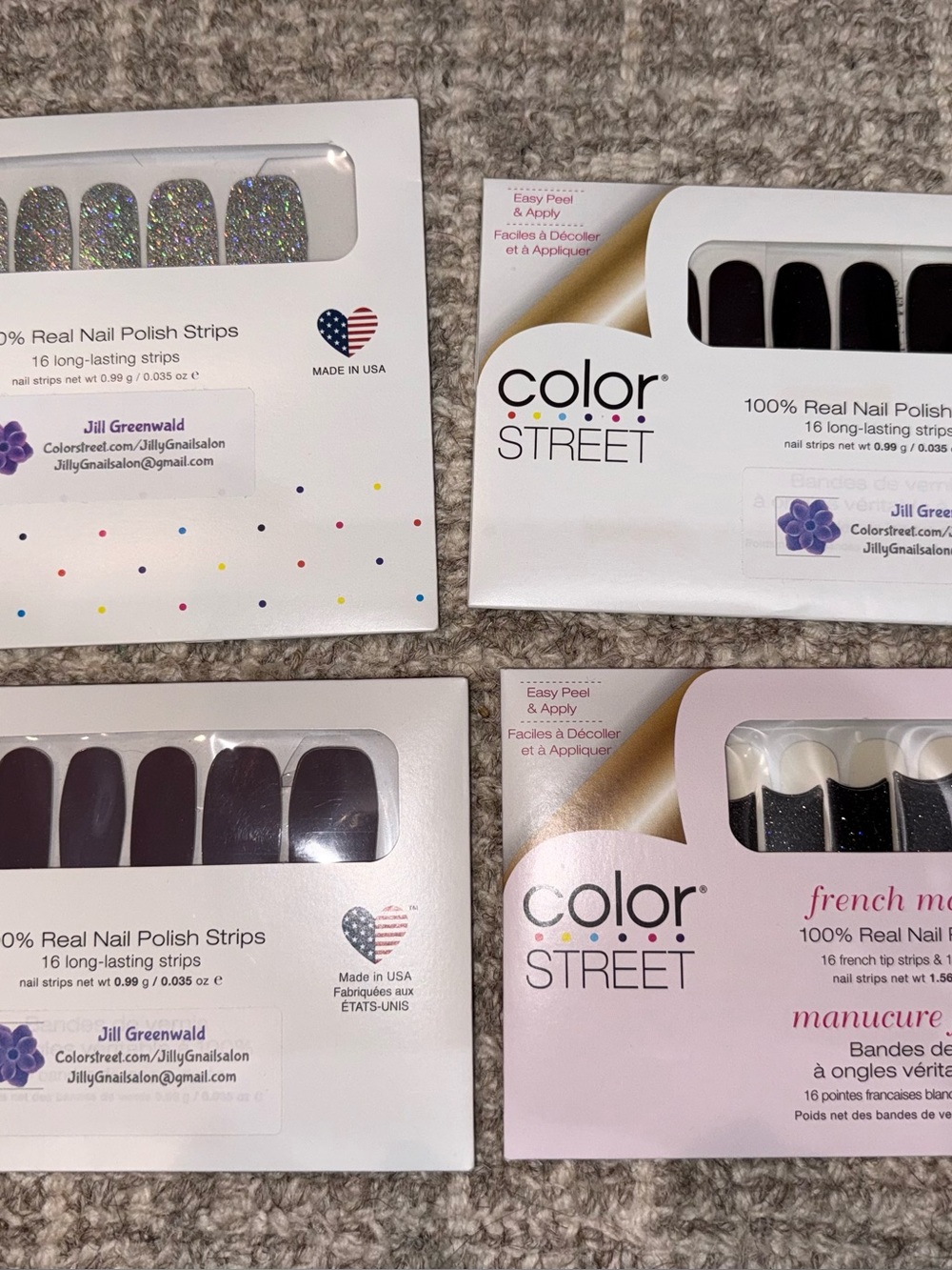 Color Street Nail Polish Strips - Black, Glitter Silver, Deep Plum, White